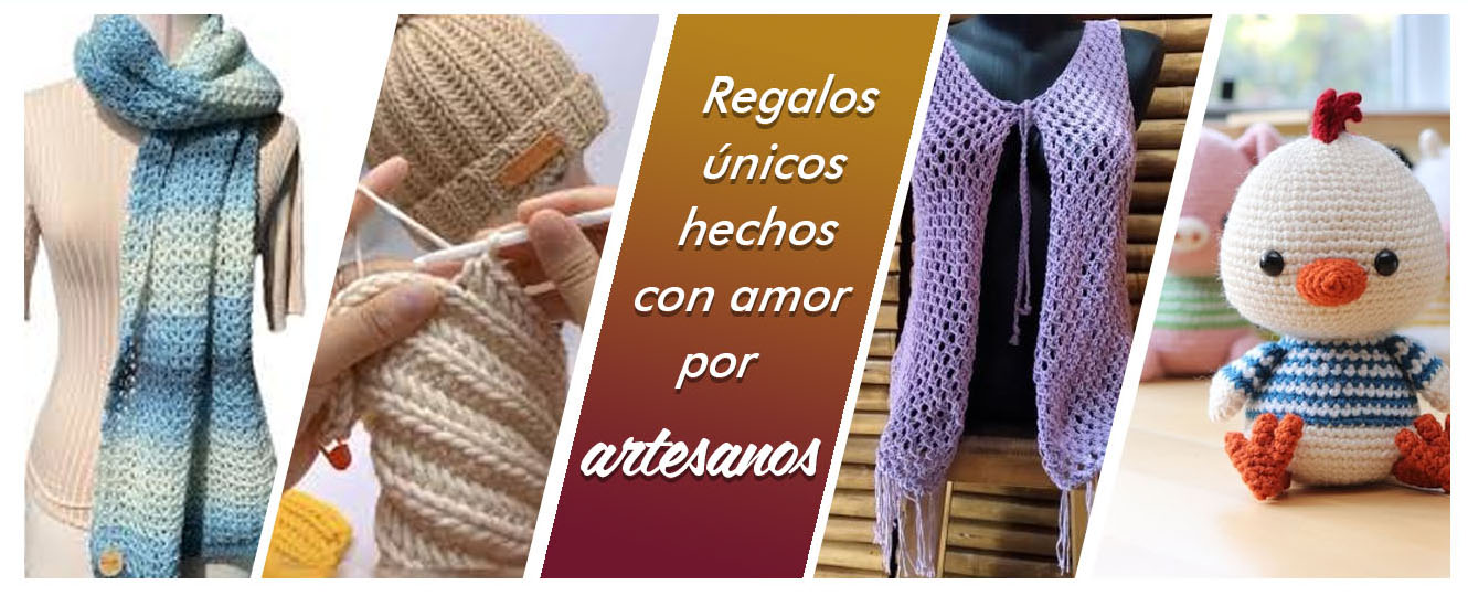 Productos artesanales Magroy: bufanda, gorro, chaleco y muñeco tejidos